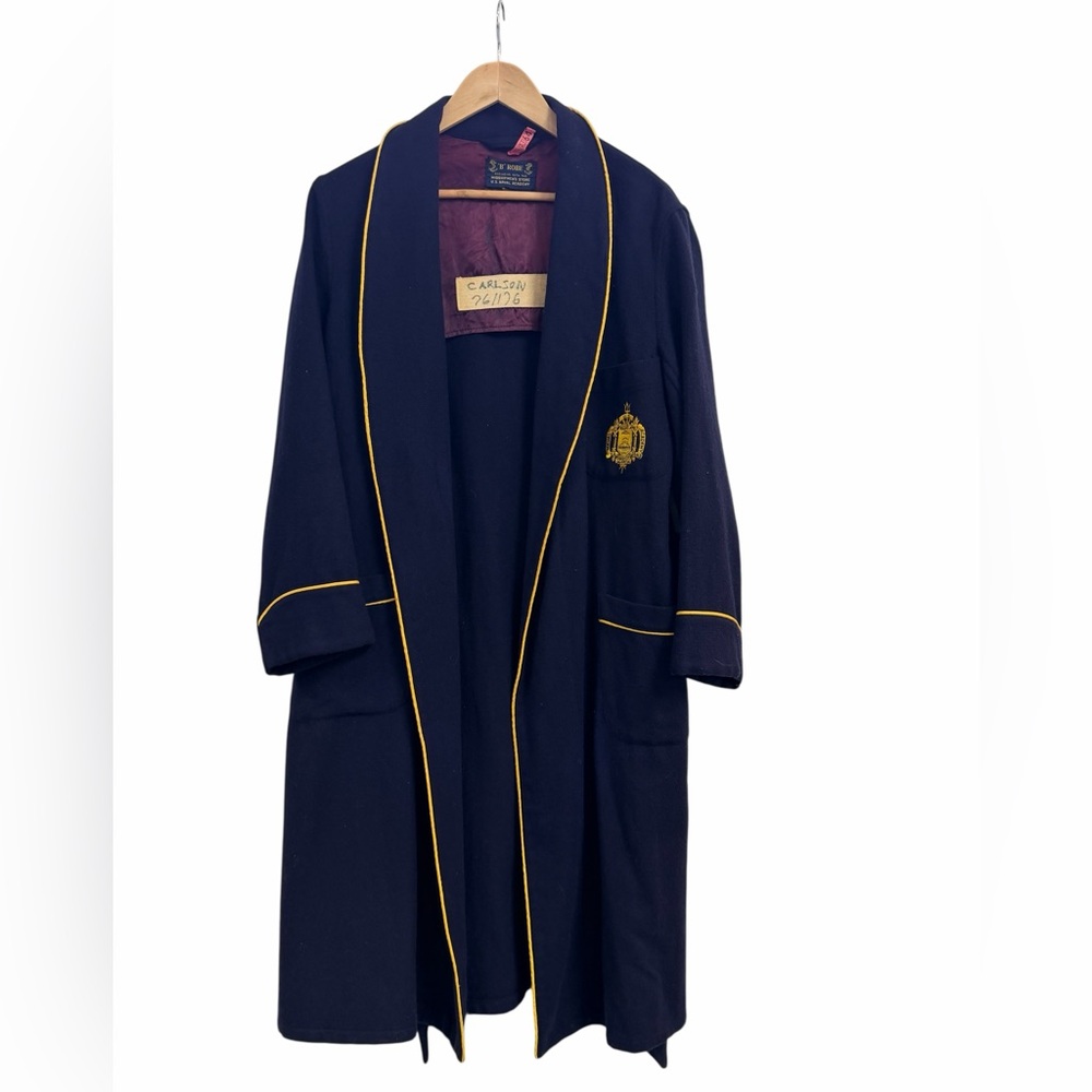 Vintage US Naval Academy Wool Robe Navy Gold Crest Belted Military L - Picture 2 of 9